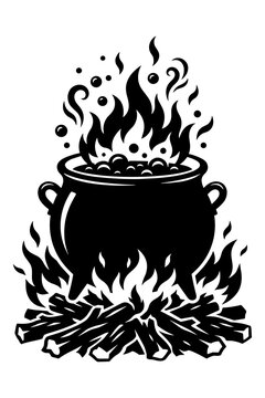 Witch cauldron with boiling potion over a campfire vector illustration