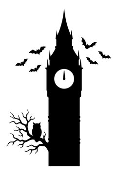 Spooky clock tower silhouette with flying bats and owl for Halloween design elements