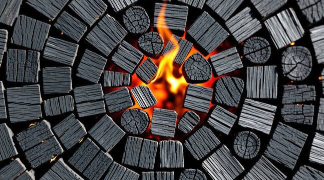 Circular pattern of square charcoal wood blocks around center fire. Glowing orange flames emerge from dark charred timber logs arranged in concentric geometric design. Abstract texture background
