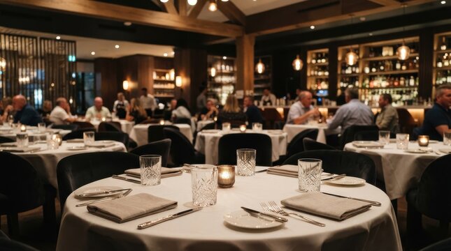 Elegant upscale restaurant interior with set dining tables and customers