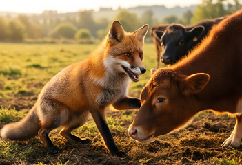 Naklejka premium Unusual animal encounter, fox and calf interaction in a rural field at sunset, wildlife and farm animals together