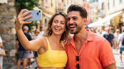 Naklejka premium Happy young couple taking selfie with smartphone on street