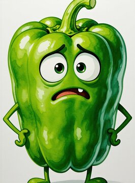Scared cartoon green bell pepper has wide eyes and mouth. Vegetable stands with hands on hips, looking worried. Funny watercolor illustration of capsicum shows fear.