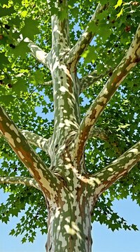 Bottom view of American sycamore tree with green leaves, bright sun. Detailed bark shows natural camouflage pattern, peeling textures. Large trunk branches spread under blue sky. Botany wood surface