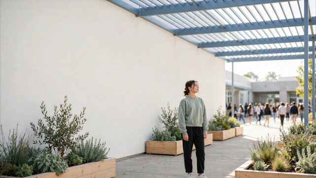Student standing alone in open school courtyard