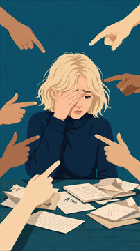 Bullying illustration with pointing hands around seated student