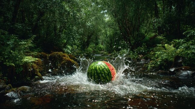 Whole watermelon falling into dark forest stream with big water splash and lush green ferns.