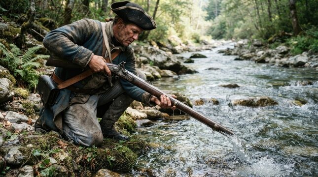 Historical Frontiersman in Colonial Clothing Cleaning Flintlock Musket Beside Forest Stream