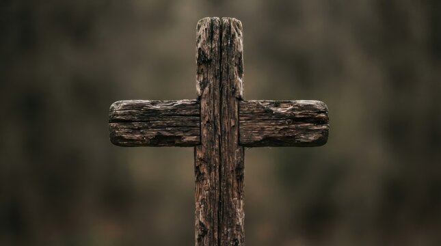 Old rustic wooden cross against a blurred natural background