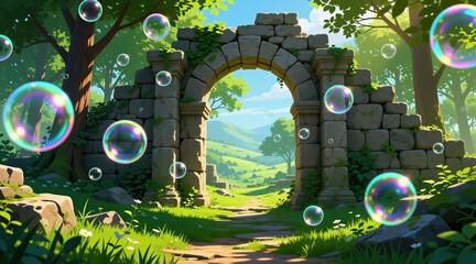 Naklejka premium Old stone archway stands in green summer forest with floating soap bubbles. Historical ruin leads to scenic path through field. Dreamy landscape features ancient architecture, bright sunlight, blue