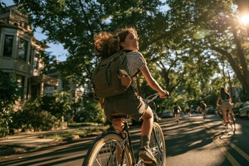 Fototapeta premium Young Student Riding Bike to School on Sunny Morning