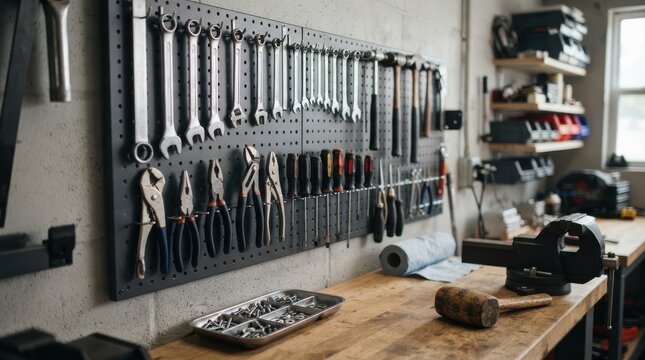 Workshop wall with pegboard organizer and tools on wooden workbench