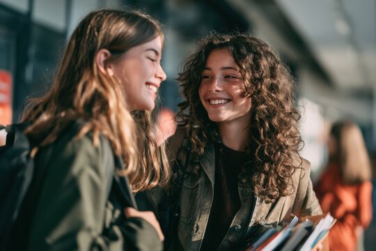 Happy Students Laughing While Walking Down School Corridor