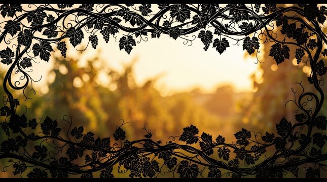 Black grape vine silhouette frame border with vineyard background