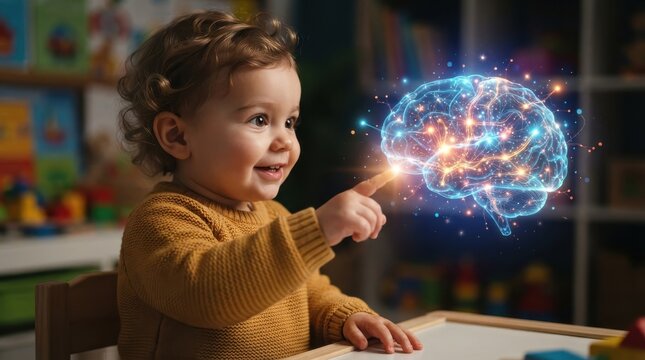 Toddler pointing at glowing holographic human brain in playroom