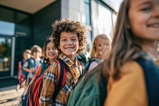 Diverse Classmates Arriving Together at Elementary School Entrance