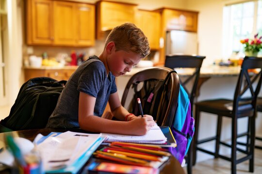 Child Doing After School Homework at Kitchen Table