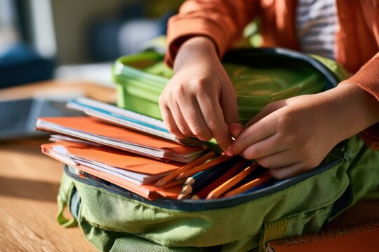 Child Organizing Notebooks Pencils and Lunch for School