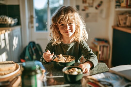 Young Child Having Breakfast During Busy School Morning