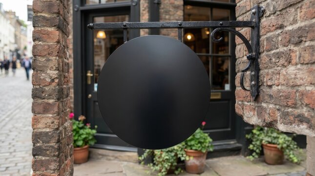 Blank black circular signboard hanging outside a historic brick shop
