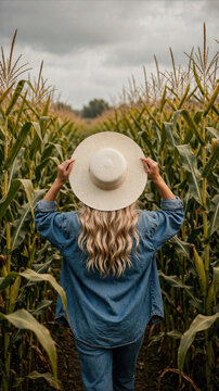 Woman walking into corn maze on autumn day