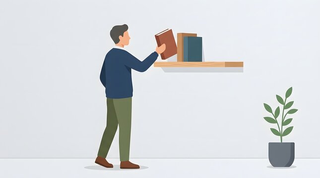 Man Arranging Books on a Shelf: A person carefully places a book on a wooden shelf, surrounded by a few other books and a potted plant, suggesting organization and learning.