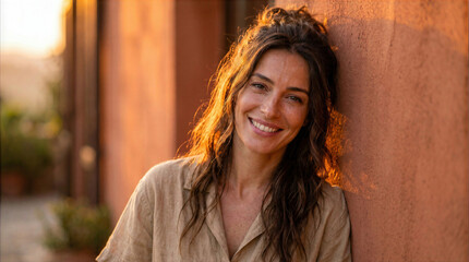 Fototapeta premium Smiling woman in warm evening light outdoors