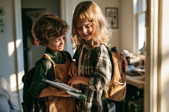 Excited Siblings Packing Backpacks for First Day of School