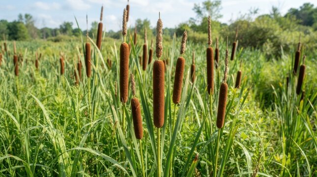 Cattails in wetland marsh with green grass and blue sky