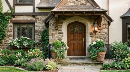 Fototapeta premium Charming front entrance of a traditional stone cottage with lush garden
