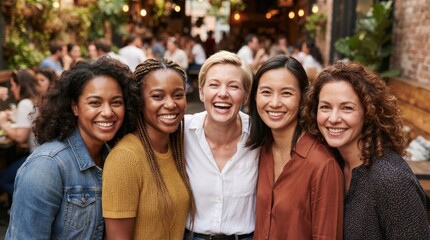 Obraz premium Diverse group of happy female friends smiling together in a restaurant