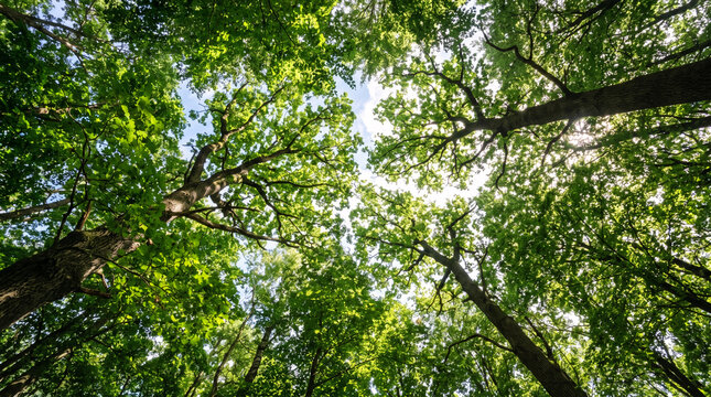 Canopy of lush green trees against bright sky, looking up