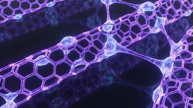 Glowing Purple Carbon Nanotube Molecular Structure, Nanotechnology 3D Illustration on Dark Background
