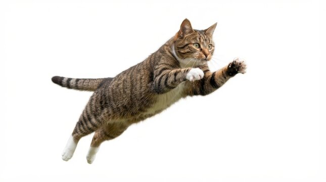 Tabby cat jumping and reaching forward