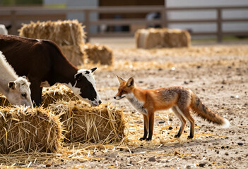Naklejka premium Unusual animal interaction, red fox and calves near hay bales on a farm, wildlife and domestic animals together