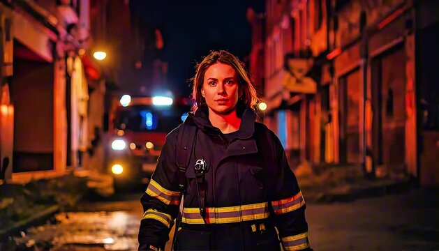 Determined firefighter walking towards camera in alley at night
