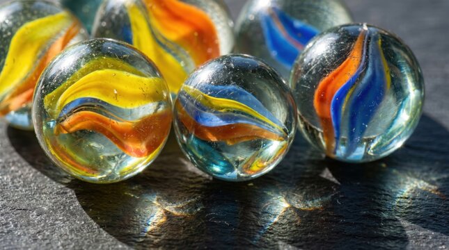 Colorful glass marbles with swirls on dark stone surface in bright sunlight