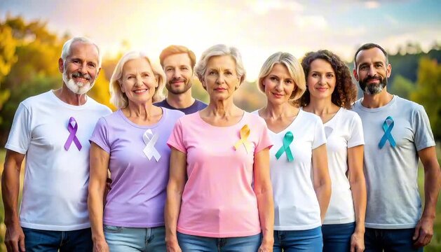 Group of people with cancer awareness ribbons standing outdoors