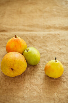 Fresh ripe organic pears on rustic burlap background with top copy space