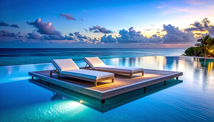 Obraz premium Experience ultimate tranquility at a luxury resort infinity pool overlooking the tropical ocean at twilight. Sunbeds on a wooden deck offer pure peaceful serenity with no people.