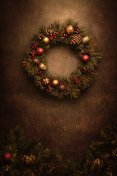 Traditional Christmas Wreath on Dark Brown Textured Background