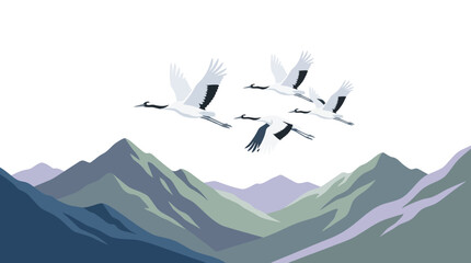 Naklejka premium Flat vector illustration of cranes flying over mountains