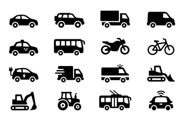 Obraz premium Transportation Service Vehicle Icon Set, Car Truck Bus Motorcycle Emergency and Construction Symbols