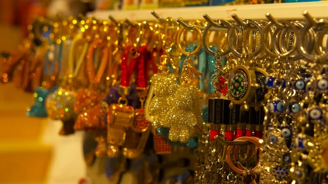 Colorful souvenir keychains hanging in a gift shop. Variety of shiny and colorful souvenir keychains with different designs, including evil eyes and glittery figures, hanging on a display rack