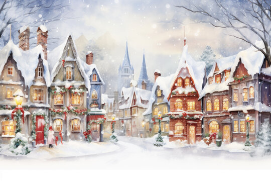 Watercolor Christmas village in snowfall. Colorful houses and snow covered street. Watercolor illustration.