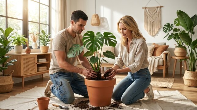 Young Couple Repotting Monstera Plant in Bright Urban Living Room