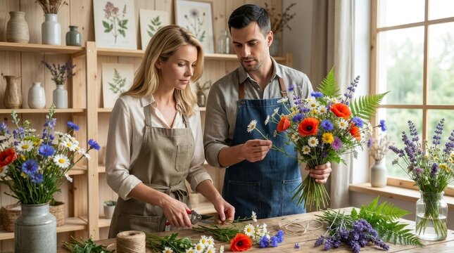 Professional Florists Crafting Wildflower Bouquet in Minimalist Studio