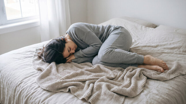 Depressed woman lying on a bed in a hopeless pose, mental health and psychological problems