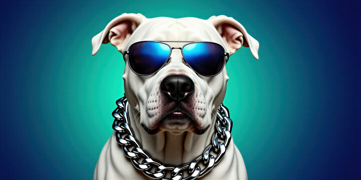 White pitbull dog wears aviator sunglasses and chunky chain. Close-up portrait shows cool canine with blue mirrored lenses. Funny pet styled with jewelry against gradient background.
