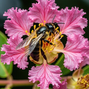 Small black sugarbag bee collects yellow pollen from delicate pink flower petals. Native Australian stingless insect sits on blooming blossom in garden. Macro view shows detailed wings, fuzzy body of